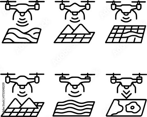 Drone land surface mapping and terrain scanning vector icon set