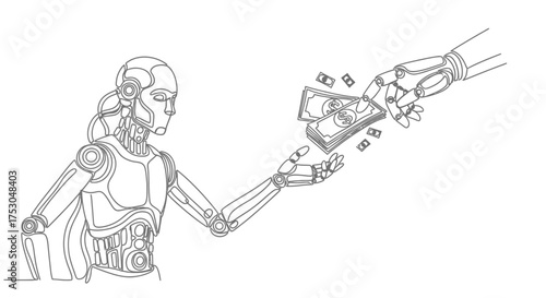 Robot hand gives money to another robot hand, symbolizing future financial transactions.