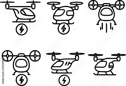electric flying taxi urban air mobility concept icon set