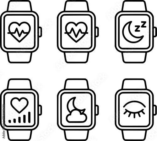 fitness smartwatch heartbeat and sleep monitoring line icon set