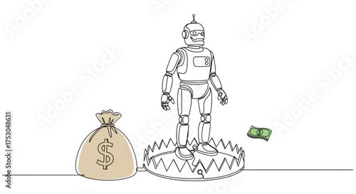 Robot caught in financial trap with money bag and falling cash
