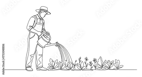 Farmer in hat watering young plants in a garden with a watering can.