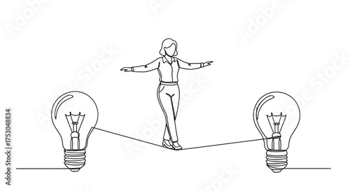 Creative businesswoman balancing on tightrope between two bright ideas