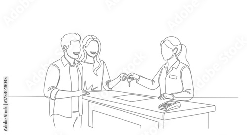 Couple receives keys at reception desk, celebrating new home ownership