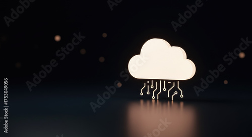 A glowing cloud icon with circuit board connections on a dark reflective surface