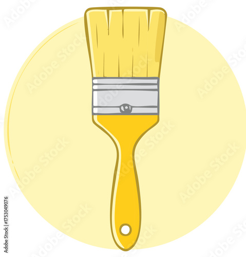 Stylized yellow paint brush tool with bristles and handle on a pastel background