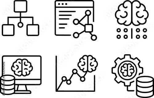 machine learning data training process line icons set