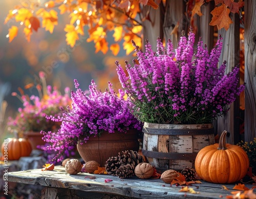Wallpaper Mural Autumn garden arrangement with purple heather, walnut trees and pumpkins Torontodigital.ca