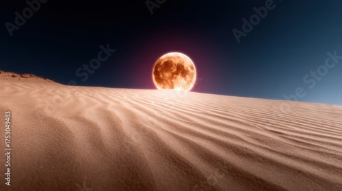 A breathtaking view of a full moon rising above the serene sandy dunes, highlighting the beauty of nature's landscapes under the captivating night sky.