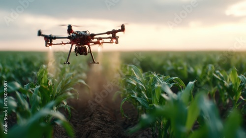 A drone hovers above a lush cornfield at dusk, symbolizing modern agriculture technology's role in enhancing food production and ensuring sustainable farming practices.