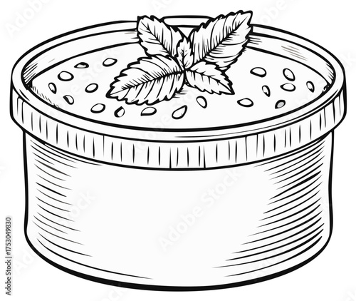 Hand drawn food container with grains and mint leaves sketch vector