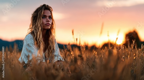 A young woman sits thoughtfully in a field during sunset, capturing a moment of serenity while surrounded by golden grass under a colorful sky, evoking deep reflection.