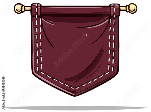 Maroon banner with stitched edging hanging from a golden rod