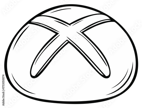 Simple line art of a round bread loaf with a decorative cross cut design
