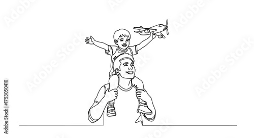 Joyful father carries son on shoulders, dreaming of flight with toy airplane