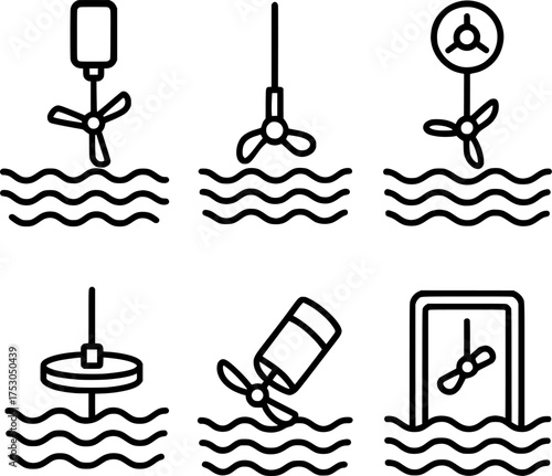 Renewable ocean wave energy conversion turbine icon set
