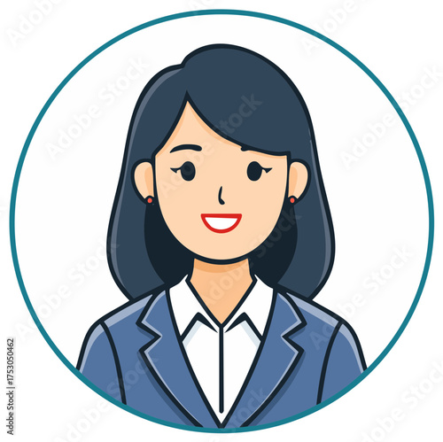 Confident professional businesswoman avatar illustration with dark hair in a circle