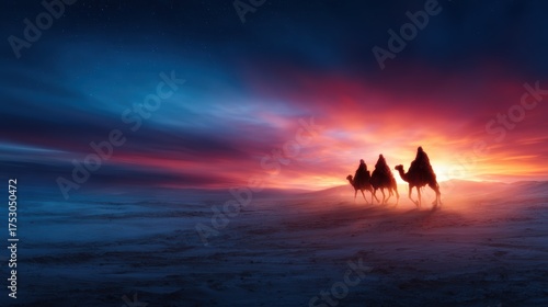 Silhouettes of camels gracefully traverse the desert during a stunning sunset, symbolizing adventure and serenity amidst the vibrant colors of the twilight sky.