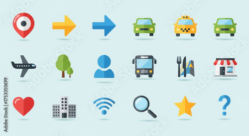 Collection of colorful flat design map and navigation icons for web design and mobile applications use