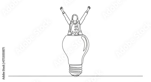 Person celebrating atop a glowing idea lightbulb, symbolizing innovation and success