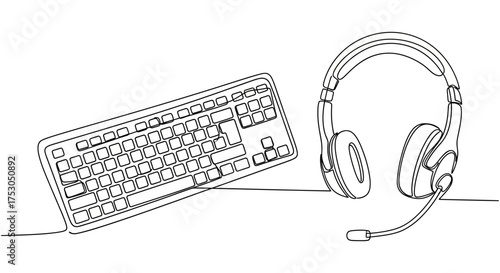 Minimalist illustration of a computer keyboard and headset on a plain background