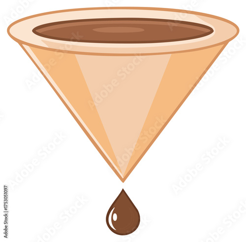 Illustration of a beige coffee filter cone with dark brown liquid dripping a single drop
