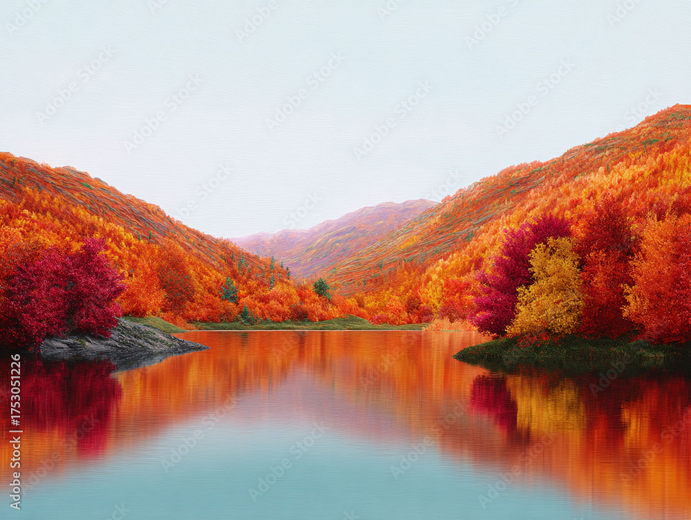 Obraz premium Scenic autumn landscape featuring vibrant foliage reflected in a serene lake. Ideal for travel, nature, or seasonal content, evoking peace beauty.
