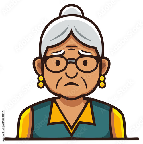 Sad elderly woman with gray hair and glasses wearing a vest