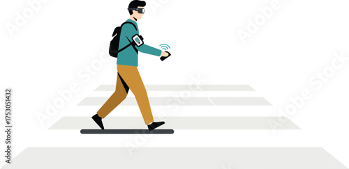 Man with smart glasses and wearable tech crossing street for navigation assistance
