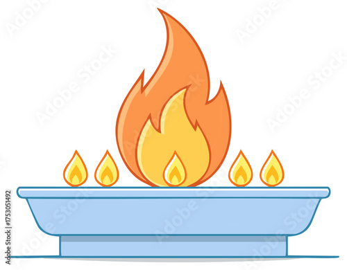 Vibrant cartoon gas burner illustration featuring a large central flame and smaller fires on a blue base