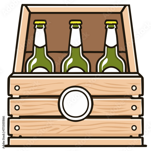 Three green beer bottles in a wooden crate container with a blank label space