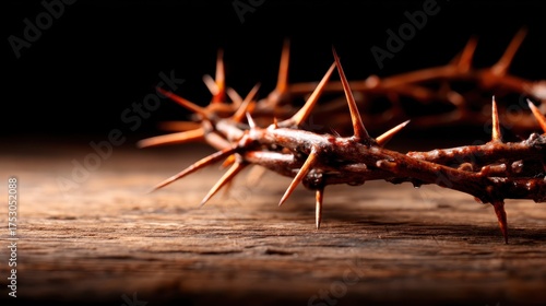 A crown of thorns rests on a rustic wooden surface, representing sacrifice and reflection, evoking deep emotions and thoughts about hardship and resilience in life.