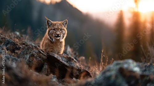 A stunning lynx positioned gracefully on a rocky ledge, surrounded by a blurred landscape of trees and mountains, illuminated by the warm glow of a sunset.