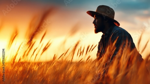 The image captures a solitary farmer in silhouette as he gazes into the fiery sunset, surrounded by tall, waving golden grasses on a serene evening.