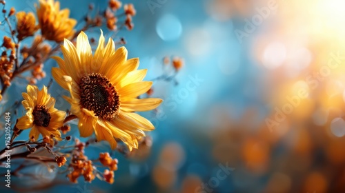 A stunning close-up of vibrant sunflowers bathed in warm sunlight, with a dreamy bokeh background that evokes feelings of joy, positivity, and the beauty of nature.