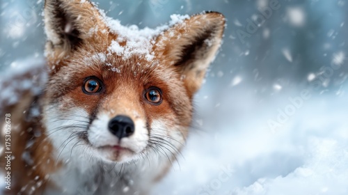 A captivating close-up of a fox amidst falling snowflakes, portraying the beauty and resilience of wildlife in a serene winter environment.