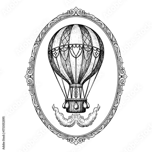 Classic Vintage Hot Air Balloon Engraving Vector Illustration