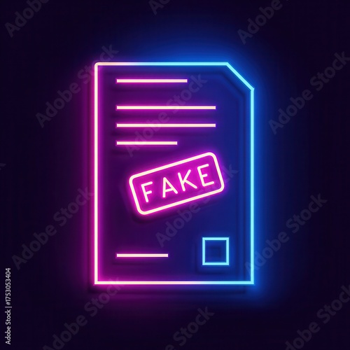 High quality neon illustration of a document stamped fake