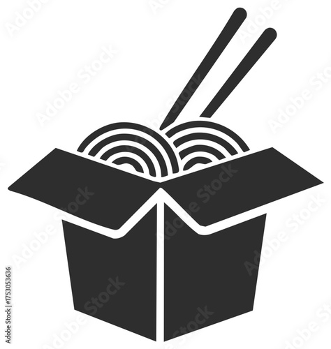 Stylized icon of an open Asian takeout box filled with noodles and chopsticks, representing fast food delivery or restaurant cuisine