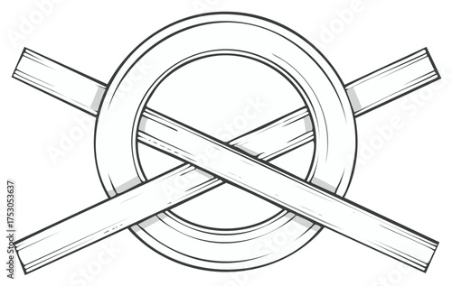 Black and white emblem featuring a circle intersected by two crossed rectangles with lines, detailed vector illustration.