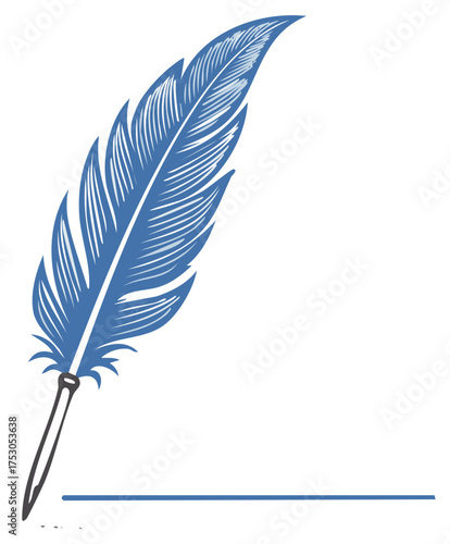 Blue quill pen writing a line on a white background with a classic sketched feel