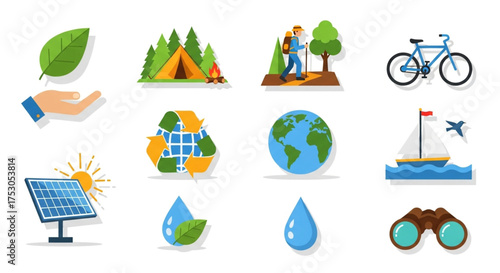 Eco tourism icons set green leaf, tent, hiker, bicycle, solar panel, water drop, earth, boat and binoculars for travel