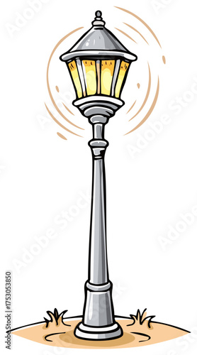 Traditional outdoor street lamp illustration shining brightly in nostalgic cartoon style