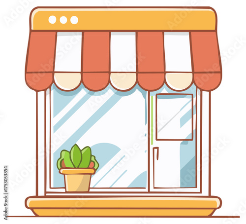 Cute Storefront Illustration with Orange Awning and Potted Plant Window Display