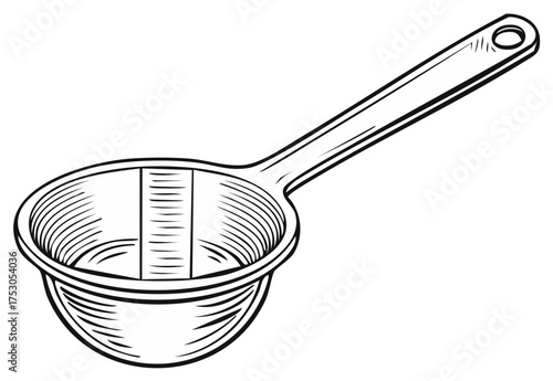 Handheld kitchen strainer with a long handle, isolated on white