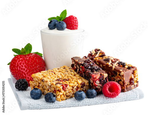 Fitness-Themed Healthy Snack with Protein Bars and Berries