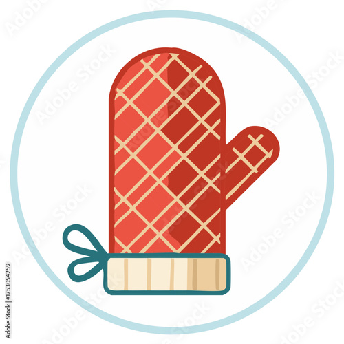 A red patterned oven mitt with a teal ribbon tied around its wrist inside a blue circle