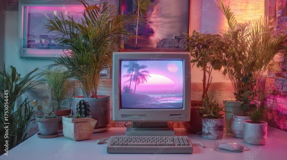 Fototapeta premium Retro monitor displaying synthwave beach landscape with palm trees and sunset. Vaporwave aesthetic for nostalgic computer art, digital design.