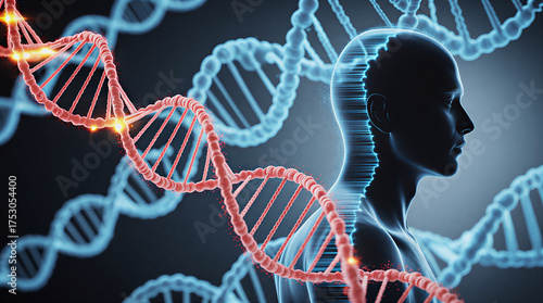DNA double helix transforming into a human silhouette, symbolizing evolution and genetics with glowing molecular energy dramatic lighting and deep focus for a futuristic scientific concept