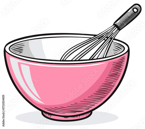 Pink mixing bowl with stainless steel whisk illustration for culinary needs, food preparation, and baking design assets.